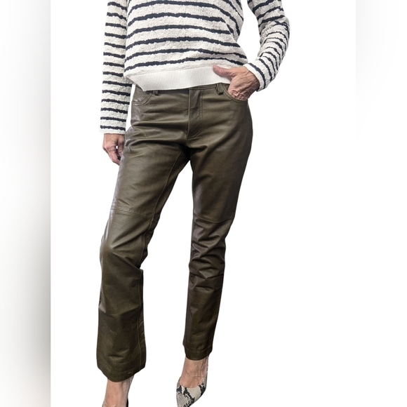 GAP Genuine Leather Bootcut Pants Jeans Olive Green Y2K Vintage Size 2 - Picture 1 of 16